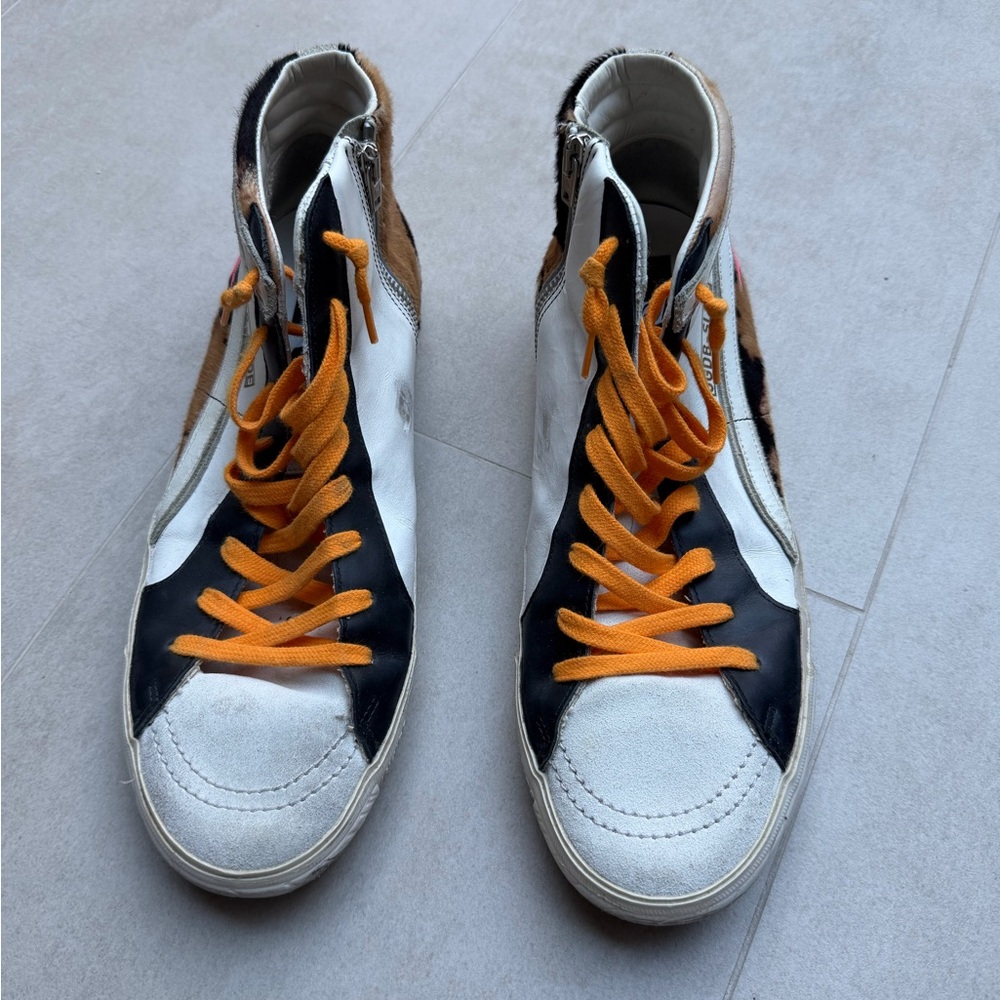 Golden Goose Men’s High-Top Sneakers - White, Black, Pink, Orange Size 45 - Picture 2 of 7